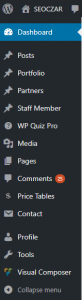 dashboard menu items of wordpress