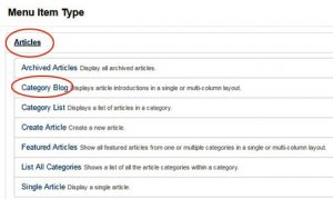 menu item type Joomla: free blog